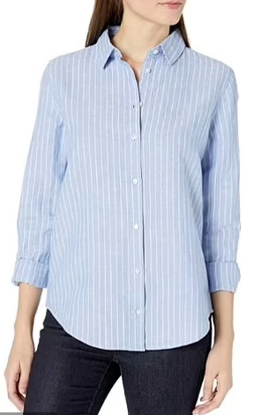 Amazon Essentials Women's Pinstripe Shirt Size Small Blue White Linen Cotton